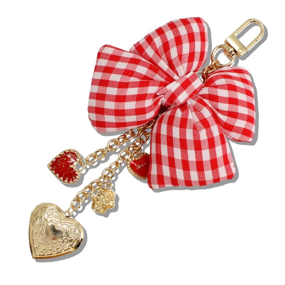 Gingham Bow Keychain with Gold Heart Charms